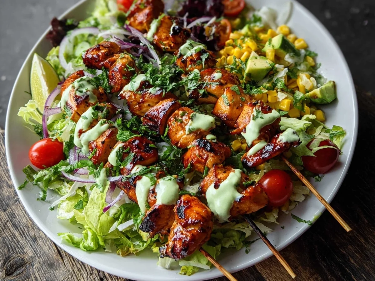BBQ Chicken Skewer Salad with Creamy Avocado Dressing - Image 1