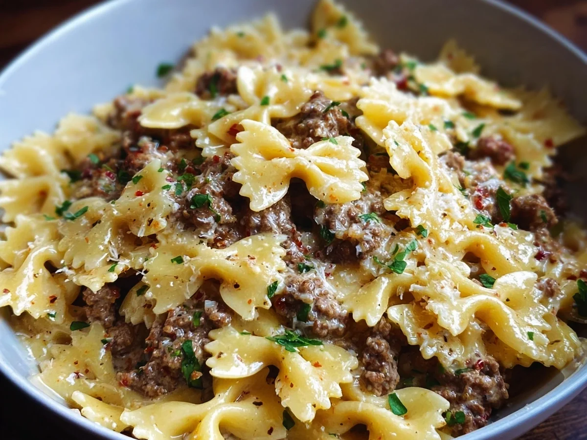 Creamy Garlic Butter Bowtie Pasta & Ground Beef - Image 1