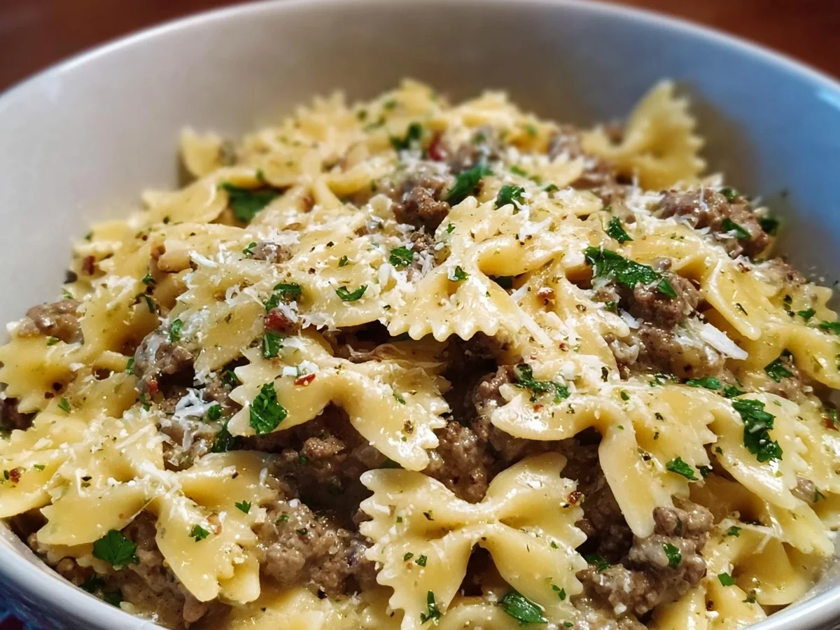 Creamy Garlic Butter Bowtie Pasta & Ground Beef - Image 2