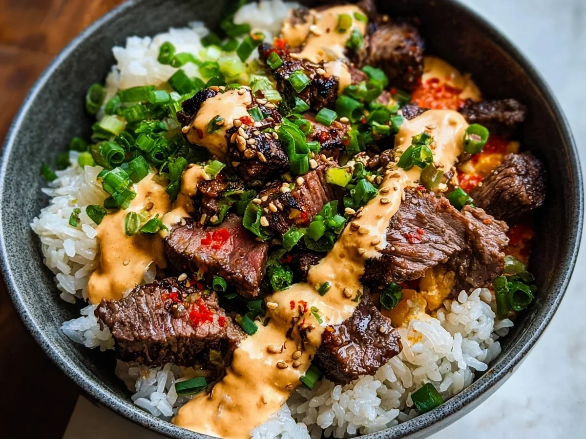 Korean BBQ Steak Rice Bowls with Spicy Cream Sauce - Image 1