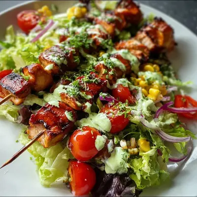 BBQ Chicken Skewer Salad with Creamy Avocado Dressing