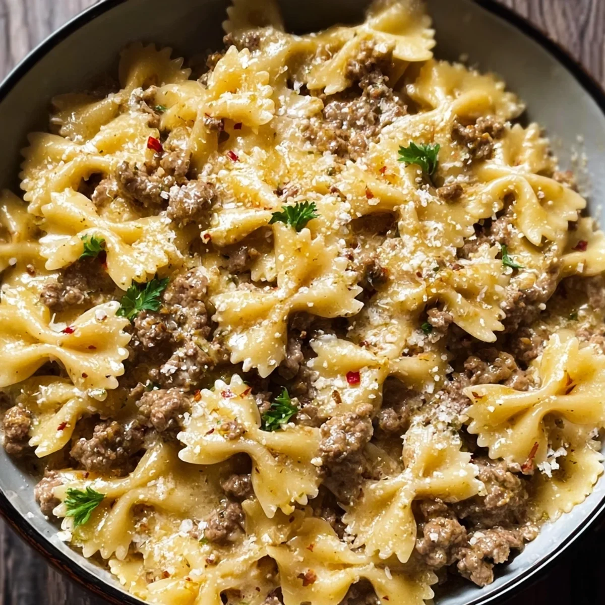 Creamy Garlic Butter Bowtie Pasta & Ground Beef