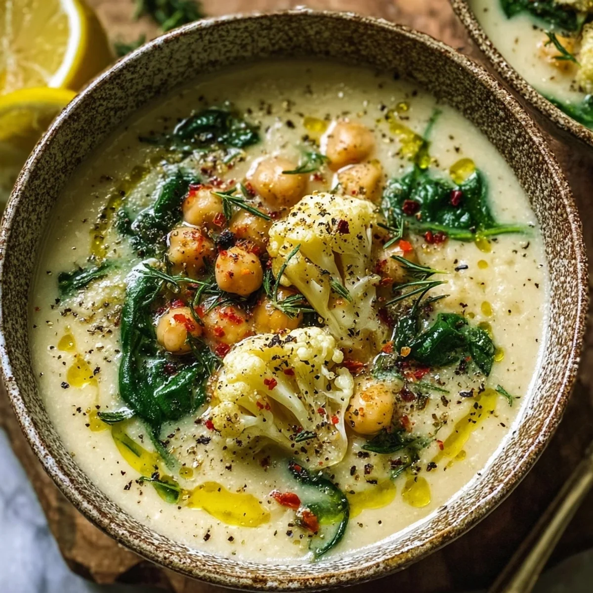 Creamy Mediterranean Cauliflower Soup (Vegan, Meal Prep)