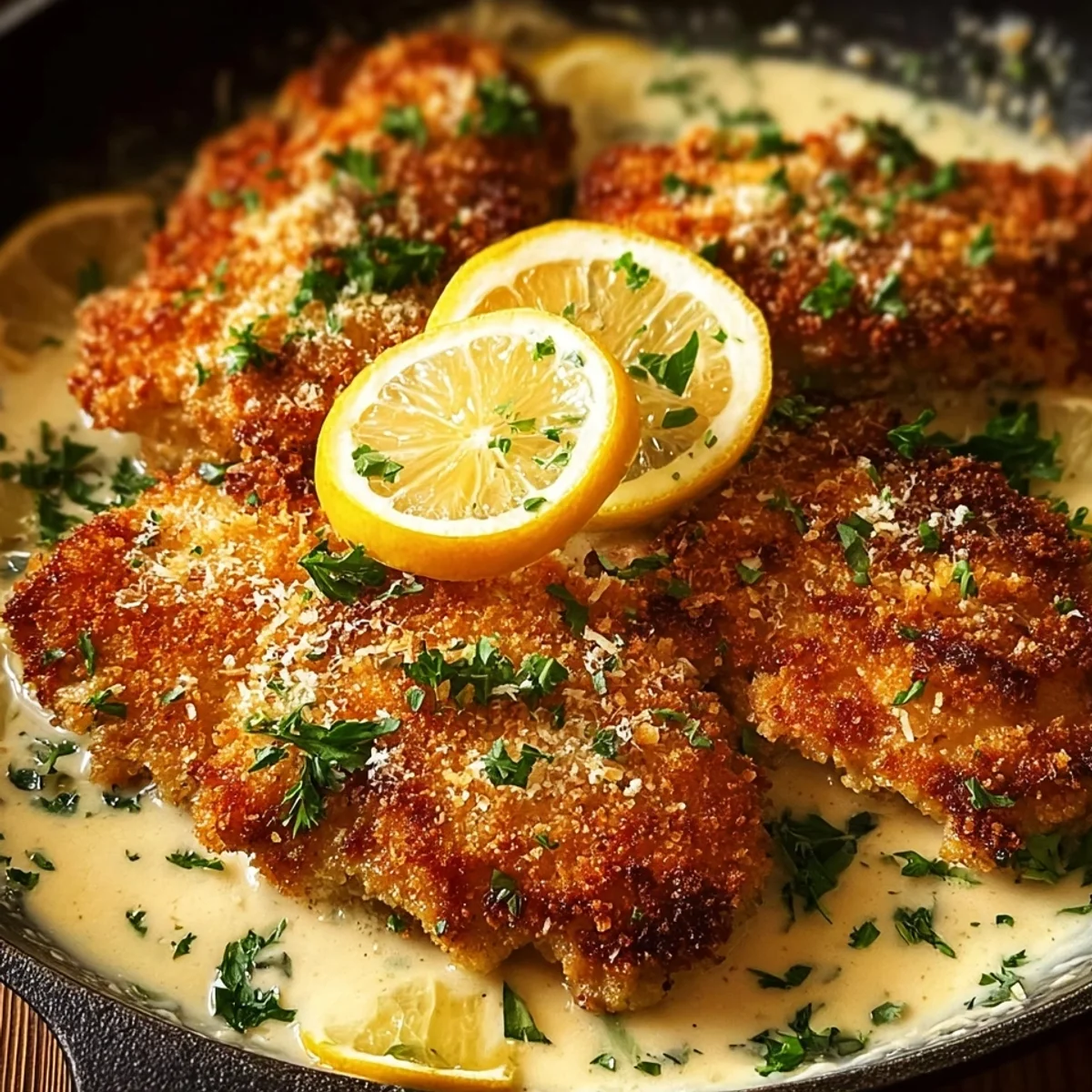Crispy Lemon Pecorino Crusted Chicken with Creamy Sauce