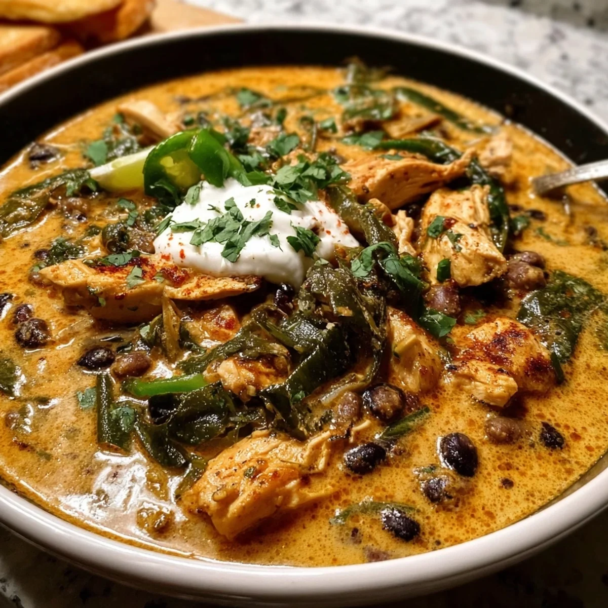 Easy Creamy Chicken Poblano Black Bean Soup