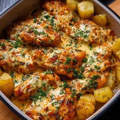 High-Protein Creamy Garlic Cheesy Chicken & Potatoes