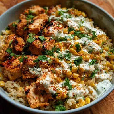 High Protein Street Corn Chicken Rice Bowl with Elote Flavors