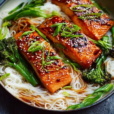 High Protein Teriyaki Salmon & Rice Noodles Recipe
