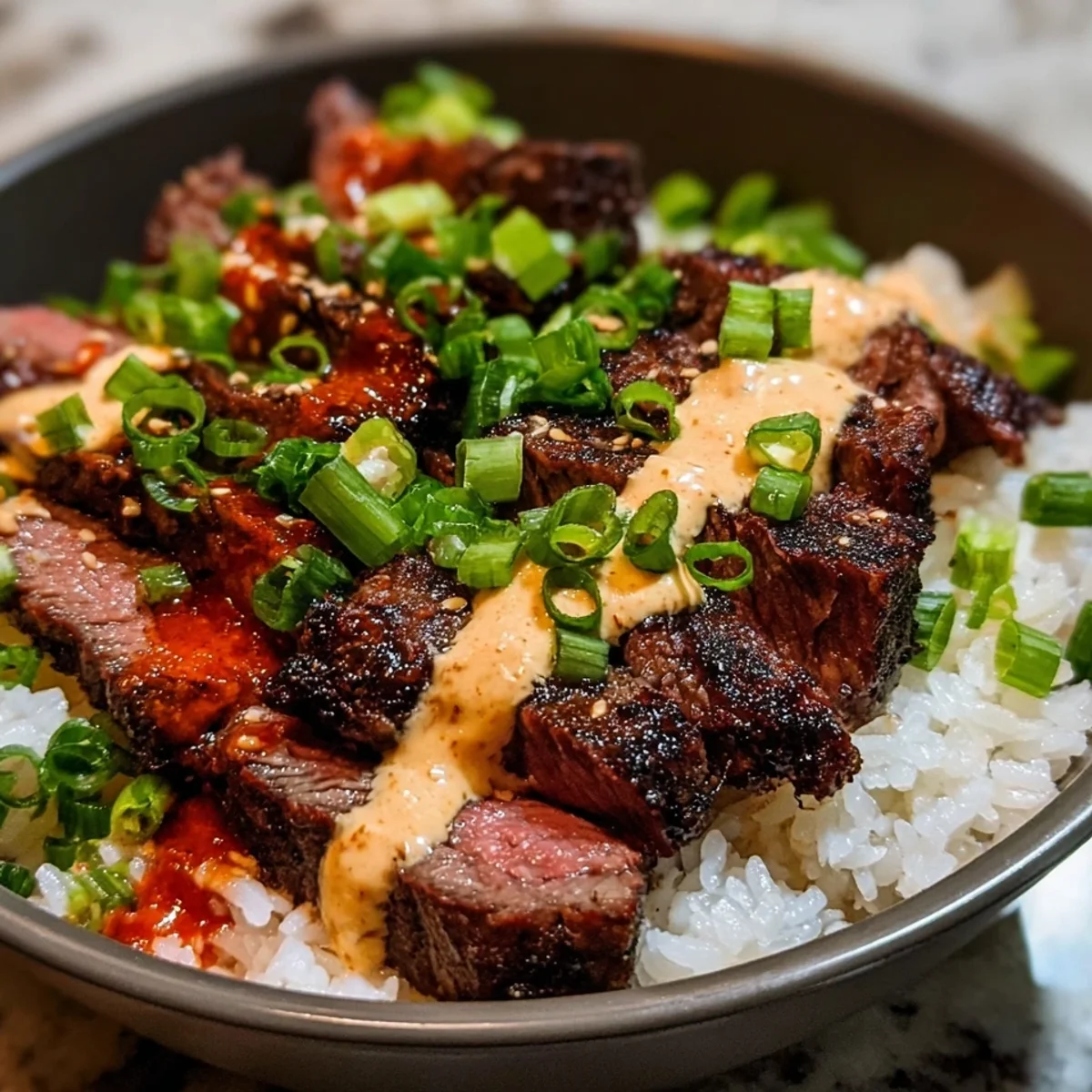 Korean BBQ Steak Rice Bowls with Spicy Cream Sauce
