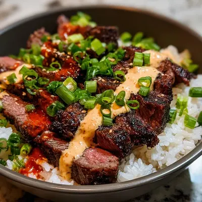 Korean BBQ Steak Rice Bowls with Spicy Cream Sauce