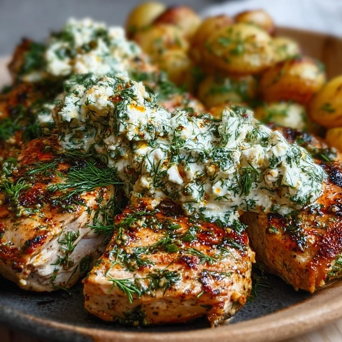 Spicy Yogurt Chicken Thighs with Dill Feta