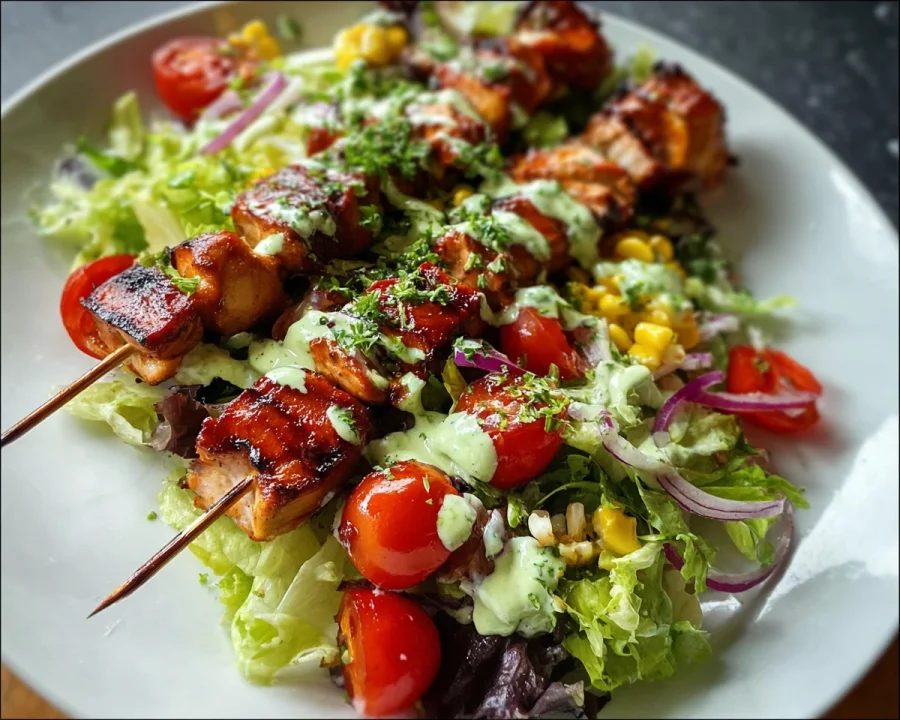 BBQ Chicken Skewer Salad with Creamy Avocado Dressing