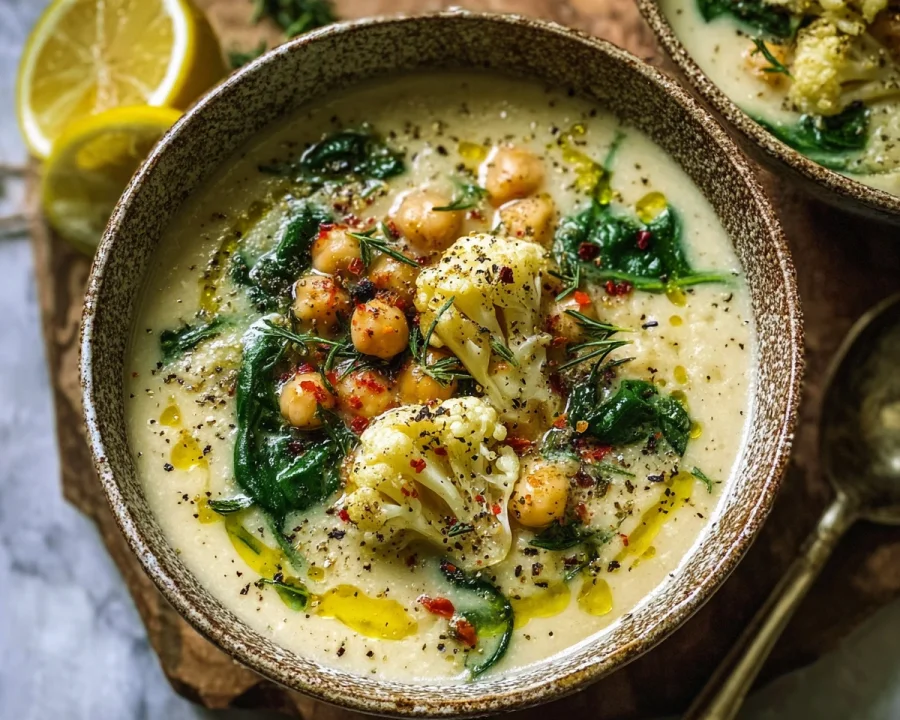 Creamy Mediterranean Cauliflower Soup (Vegan, Meal Prep)
