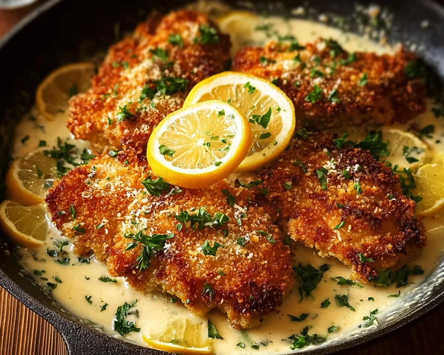 Crispy Lemon Pecorino Crusted Chicken with Creamy Sauce