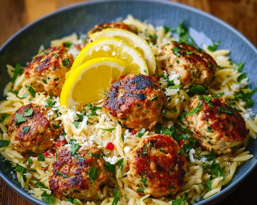 Greek Chicken Meatballs with Lemon Orzo | High Protein