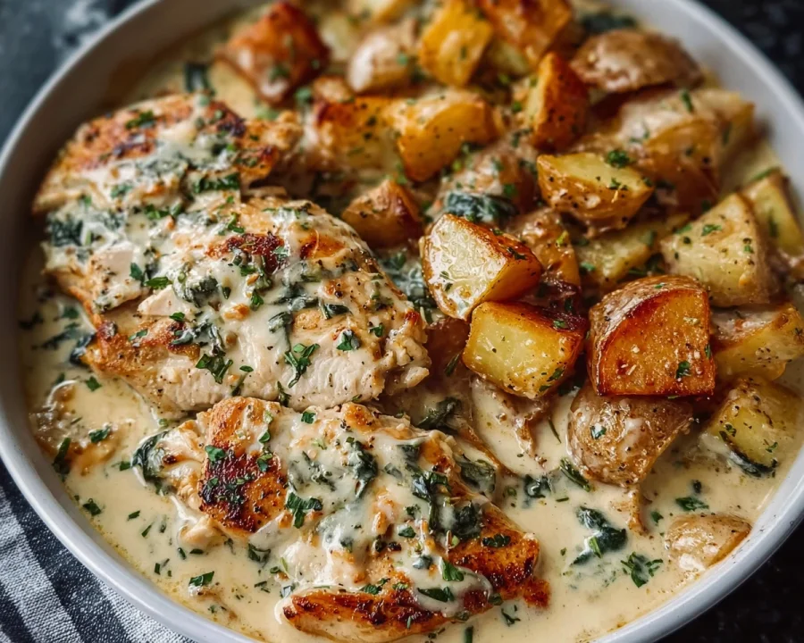 High Protein Creamy Garlic Cheesy Chicken & Potatoes