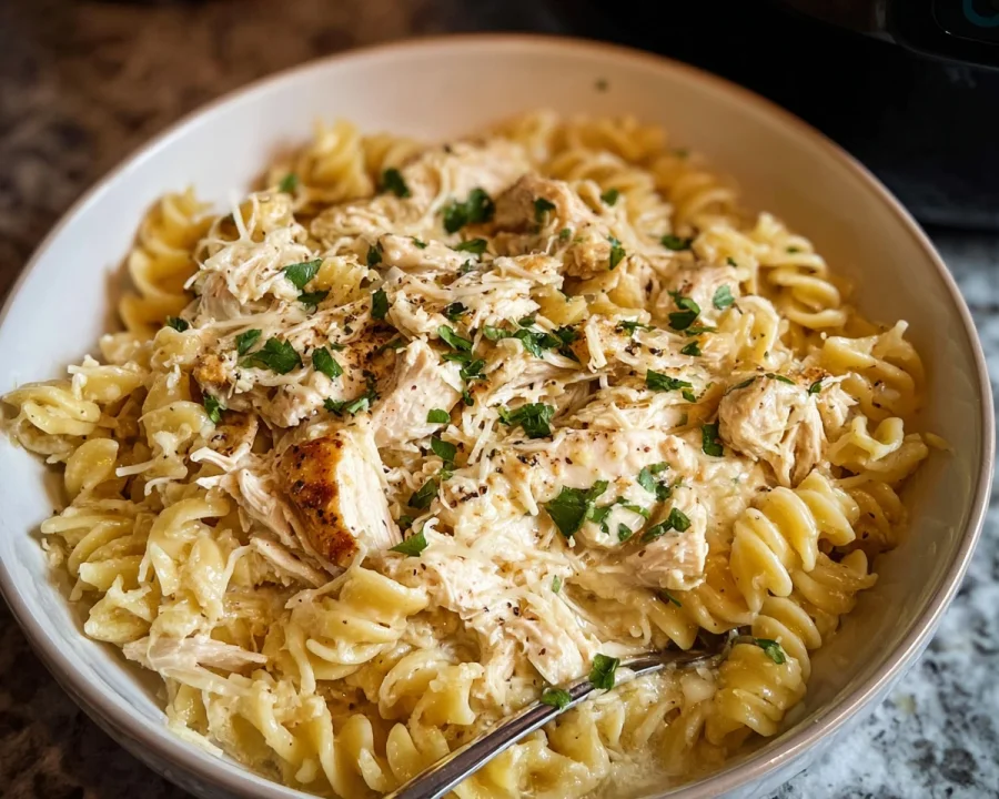 High Protein Garlic Parmesan Chicken Pasta Slow Cooker