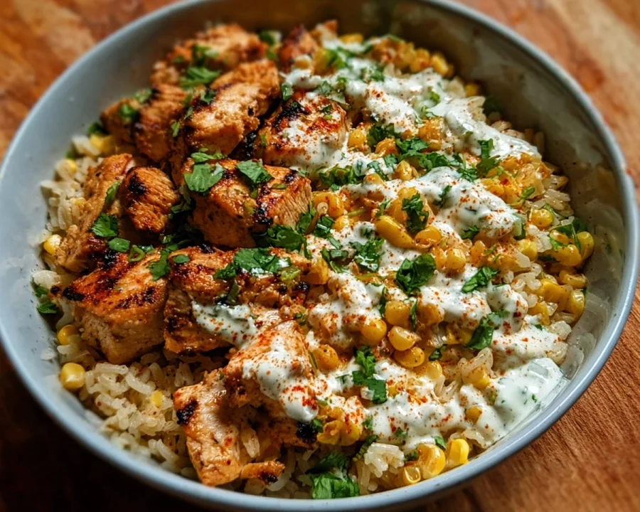 High Protein Street Corn Chicken Rice Bowl with Elote Flavors