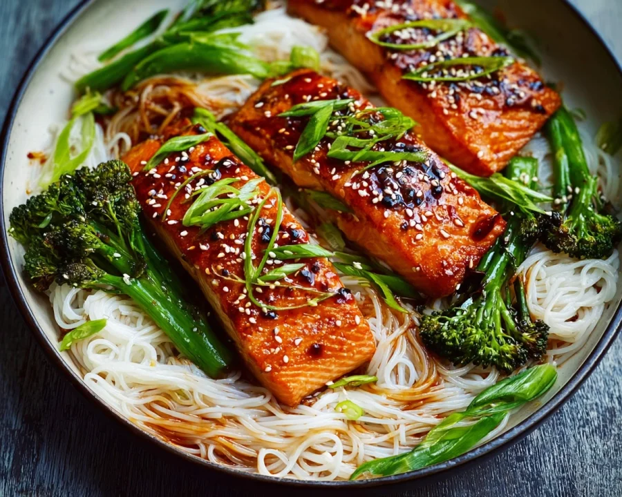High Protein Teriyaki Salmon & Rice Noodles Recipe