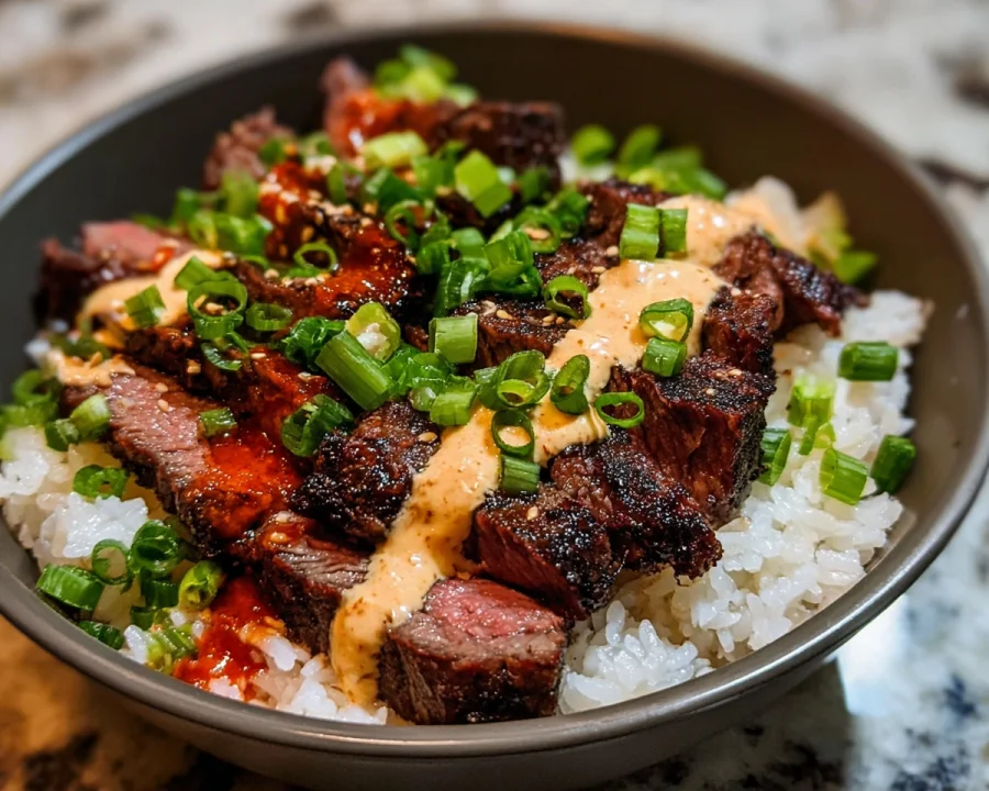 Korean BBQ Steak Rice Bowls with Spicy Cream Sauce