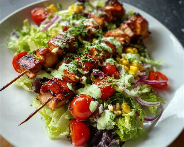 BBQ Chicken Skewer Salad with Creamy Avocado Dressing