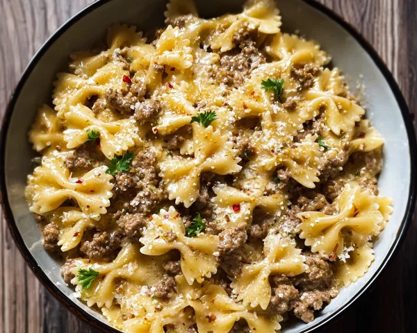 Creamy Garlic Butter Bowtie Pasta & Ground Beef