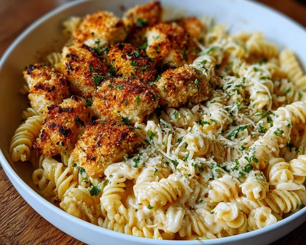 Crispy Garlic Parmesan Chicken Bites & Creamy Rotini