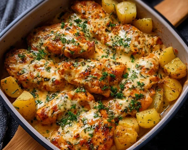 High-Protein Creamy Garlic Cheesy Chicken & Potatoes