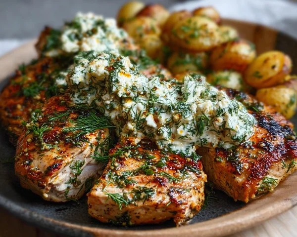 Spicy Yogurt Chicken Thighs with Dill Feta